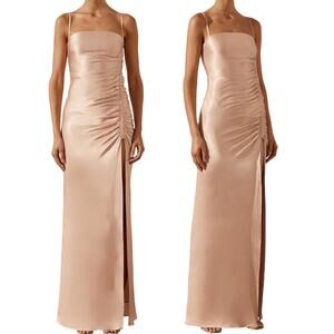 Shona Joy La Lune Thalia Bias Ruched Maxi Dress Satin Leg Slit Desert Rose 4
